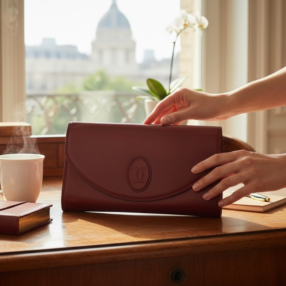 Vintage CARTIER Burgundy Leather Clutch w/ box and dust cover